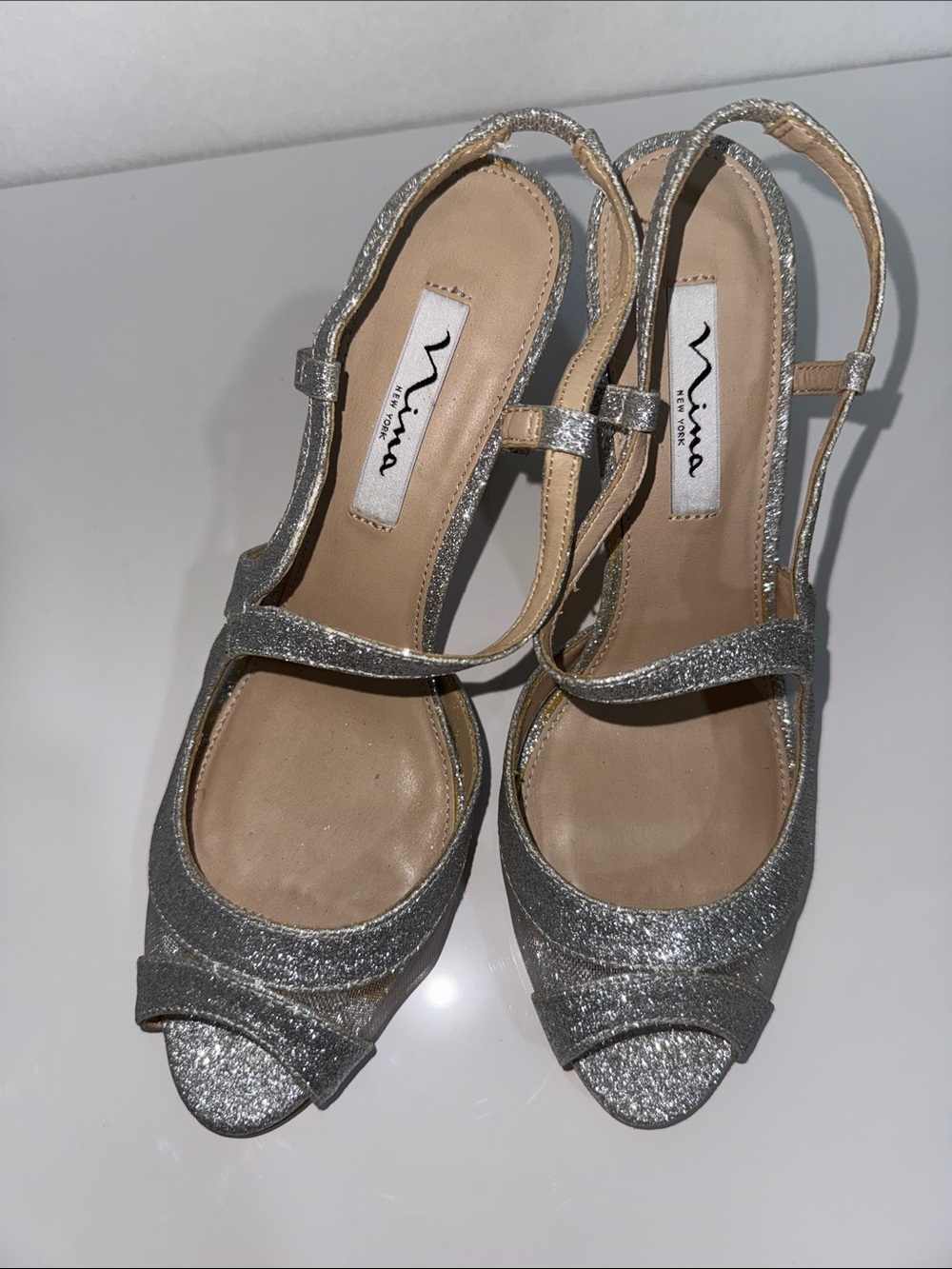 Nina New York Silver Glitter Peep Toe Slingback Heels Size 9.5M - Picture 3 of 8